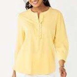 Croft & Barrow XXL $48 Yellow Cotton Blend 3/4 Sleeve Button Ruffle Henley Top
